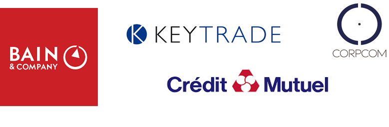 Finance & consulting clients: Bain & Company, Keytrade, Corpcom, Crédit Mutuel