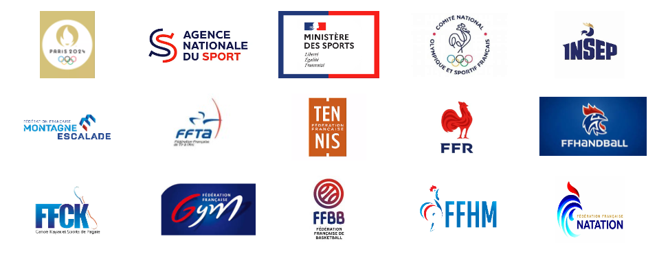 Sports clients: Paris 2024, Agence Nationale du Sport, Ministère des Sports, CNOSF, INSEP, Fédération Française Montagne Escalade, FFTA, FFT Tennis, FFR, FFHandball, FFCK Canoë Kayak, Fédération Française de Gym, FFBB, FFHM, Fédération Française de Natation